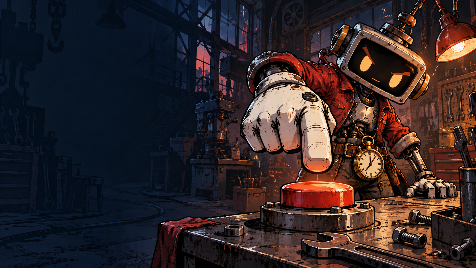 A mischievous workshop robot hovers a large mechanical glove over a red button.