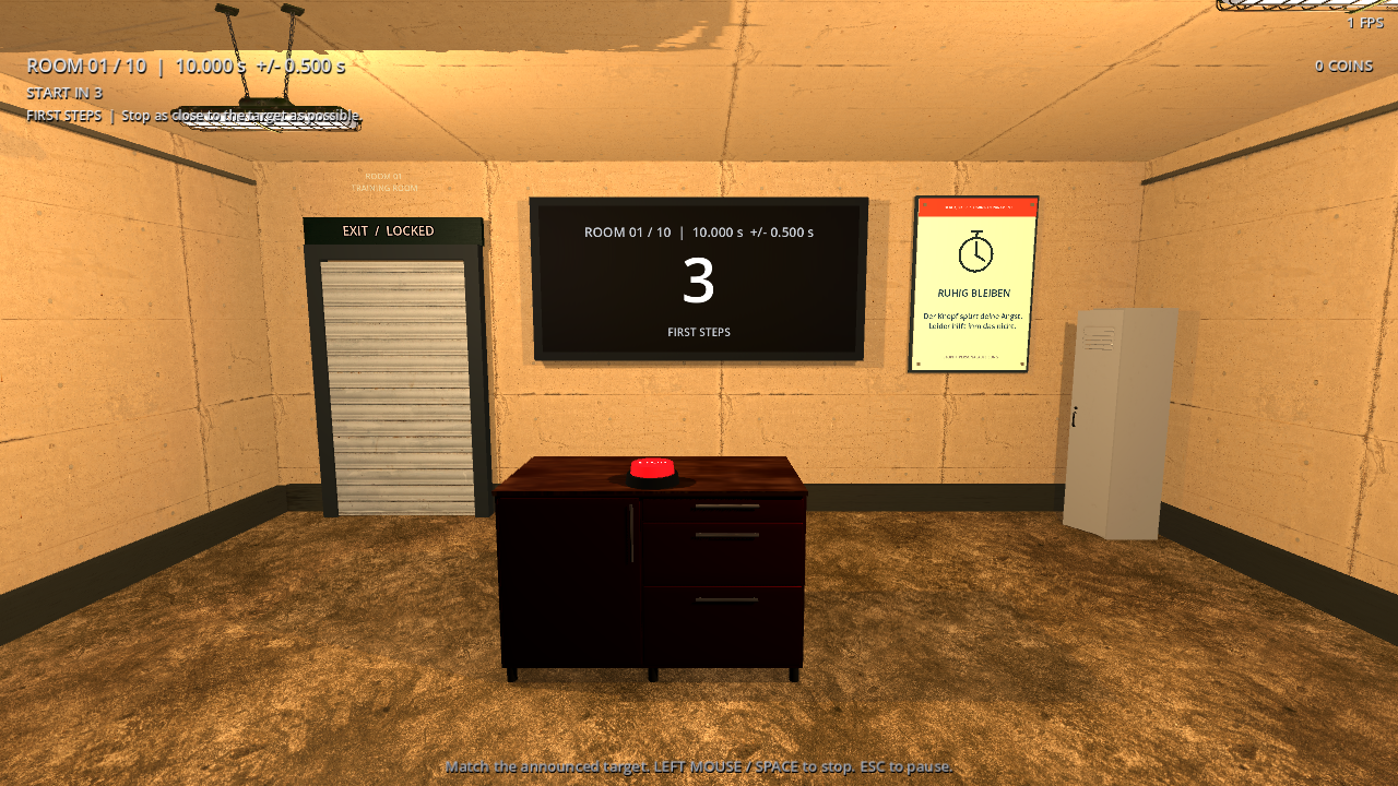Room 1: training room with a red STOP! button and wall display.